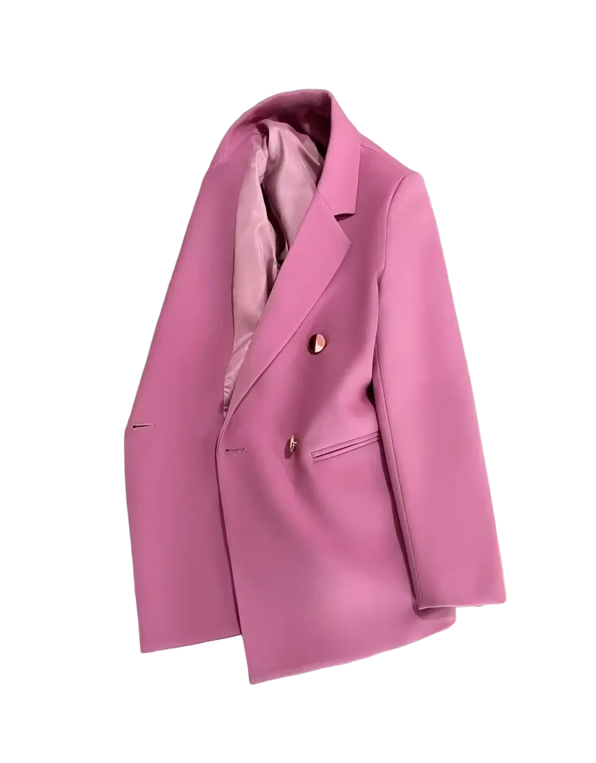 A vibrant pink women satin double breasted blazer with gold toned buttons and a satin lined interior