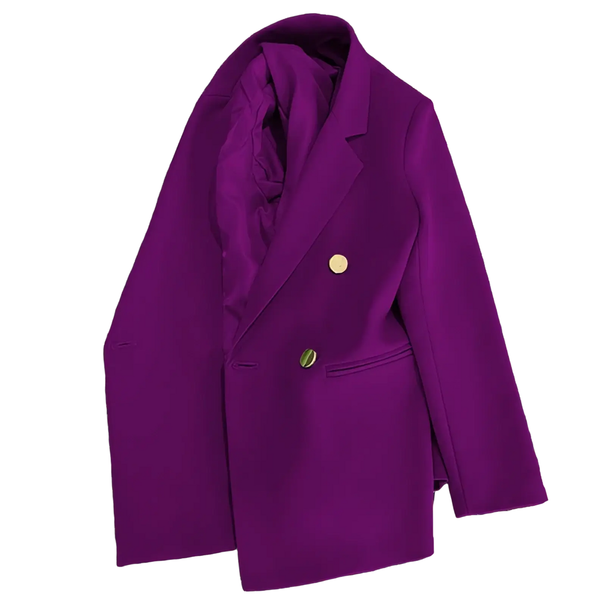 Women satin double breasted blazer in vibrant purple with gold toned buttons and sleek tailored design
