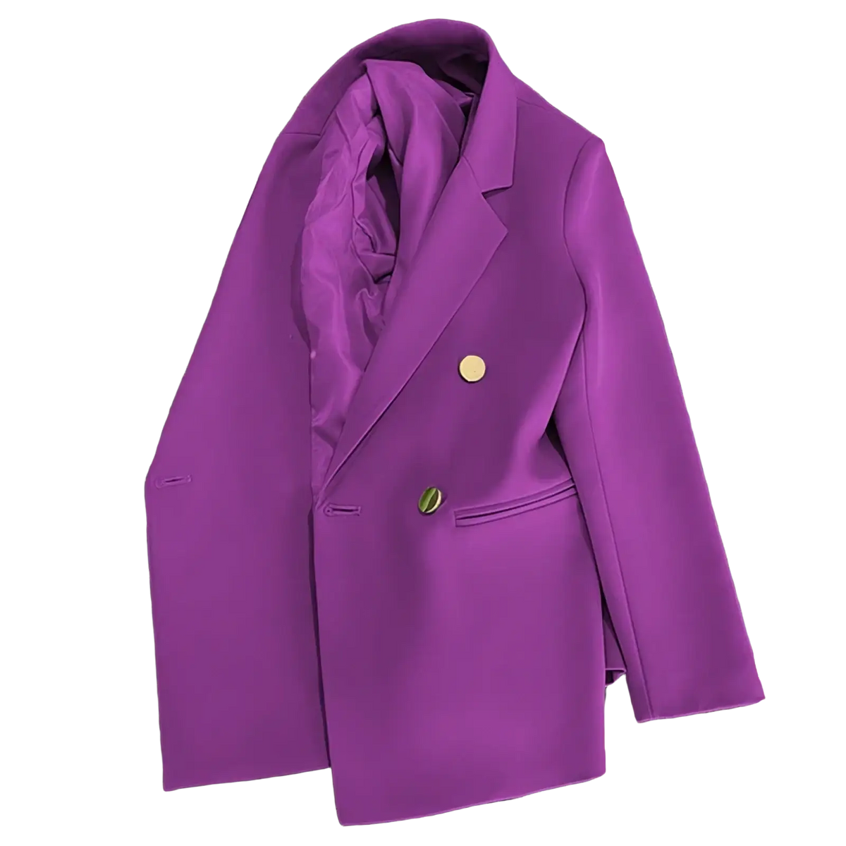 Women satin double breasted blazer in vibrant purple with gold toned buttons and tailored design