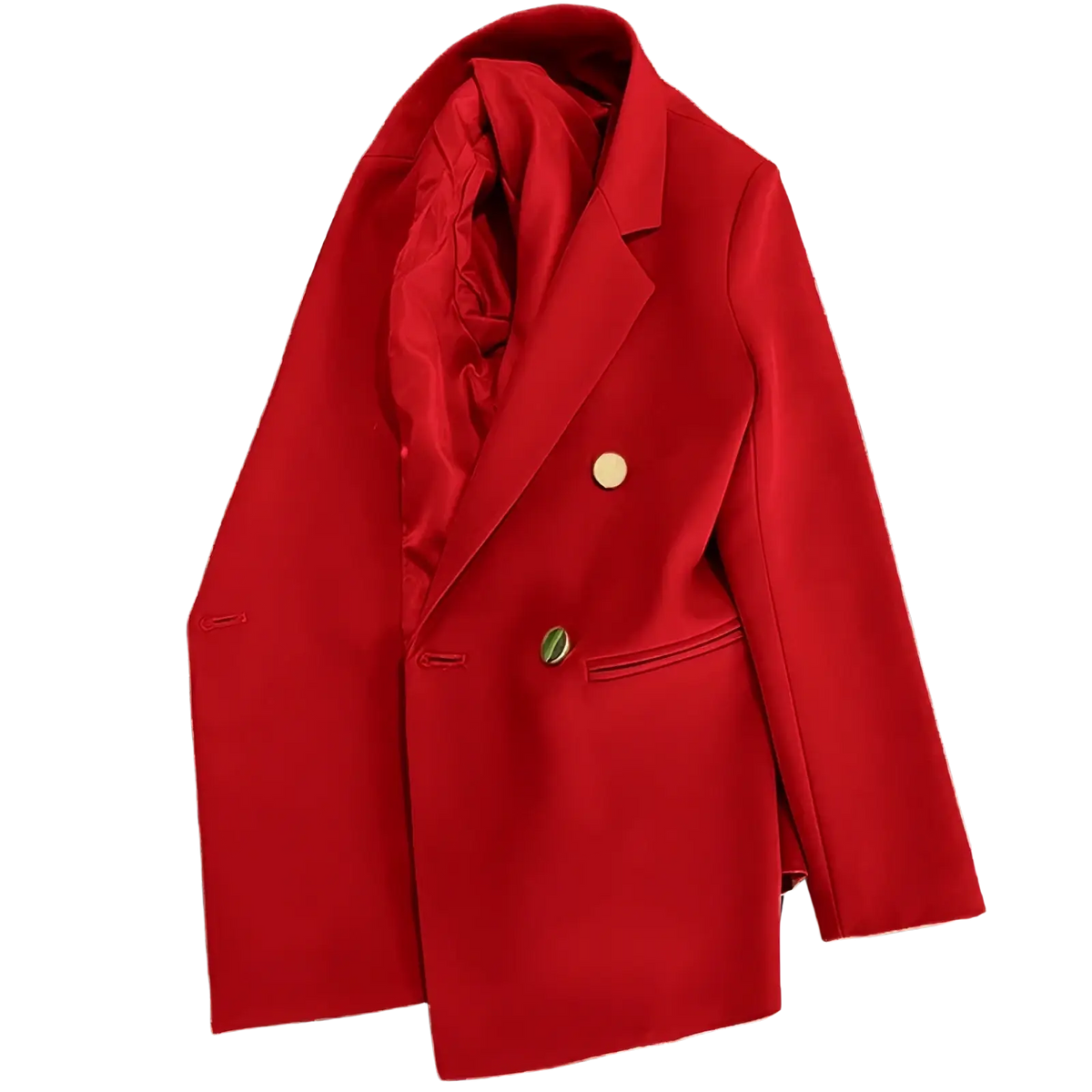 Women satin double breasted blazer in vibrant red with gold toned buttons and a tailored sleek design