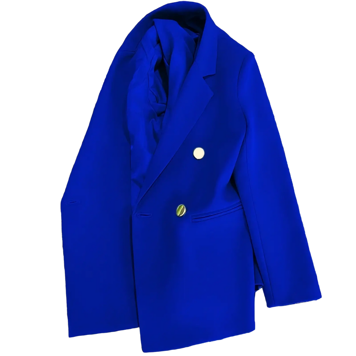 Women satin double breasted blazer in vibrant royal blue with gold toned buttons and a sleek tailored design