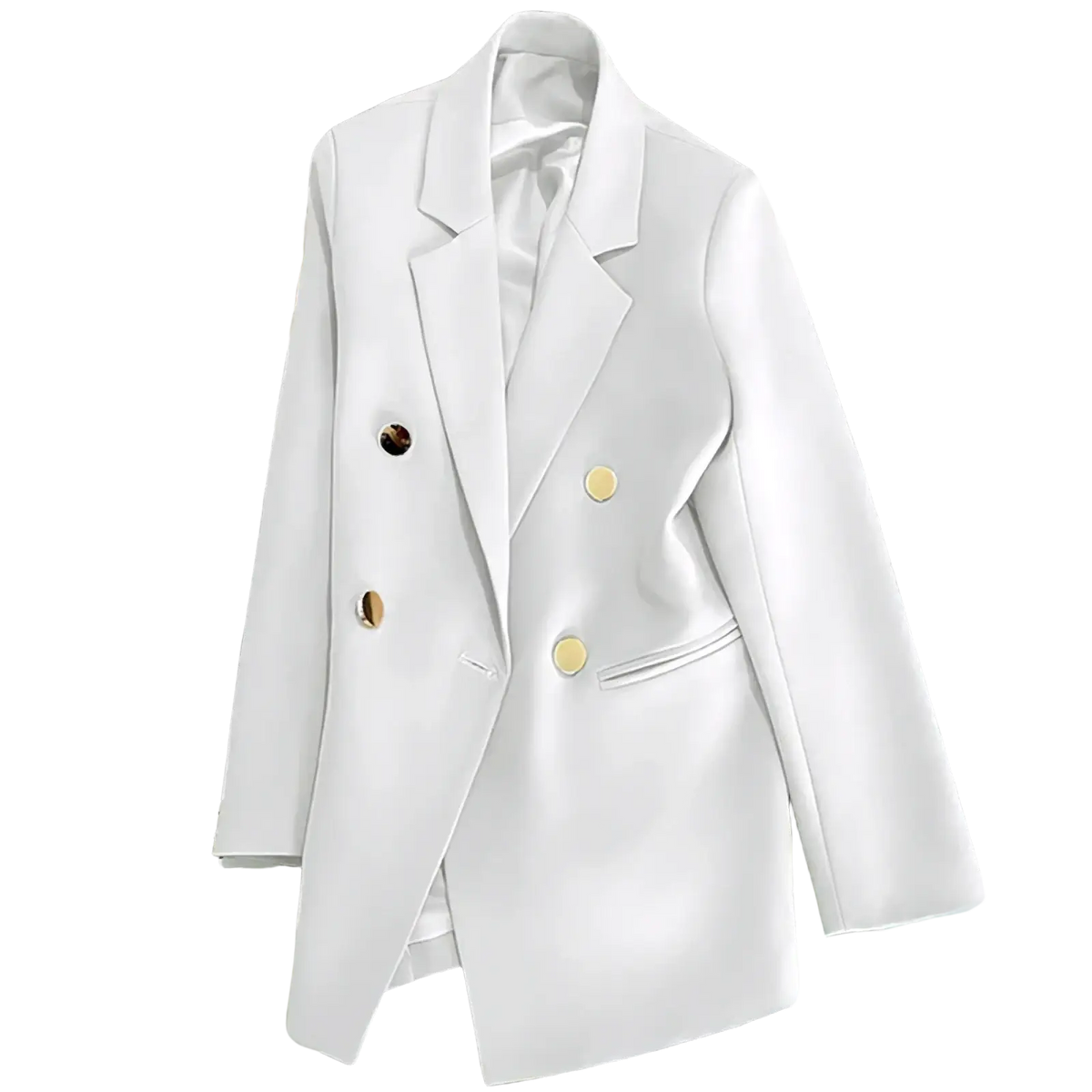 White satin women double breasted blazer with gold toned buttons and sleek tailored design for formal wear