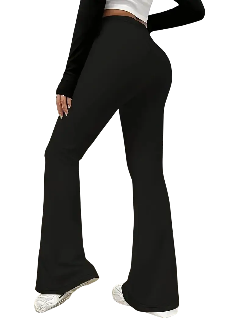 Black high-waisted satin flared yoga leggings with smooth stretchy fabric for women