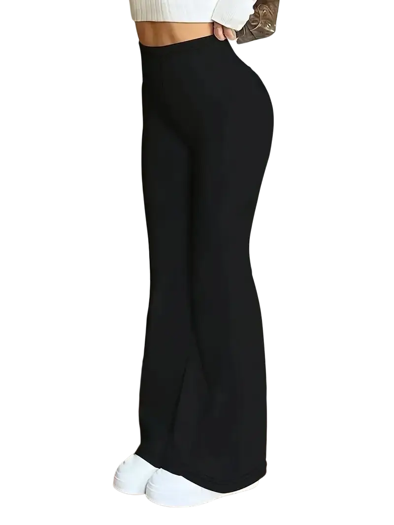 Black high-waisted flared yoga pants made of smooth stretchy satin fabric for women designed for comfort and style