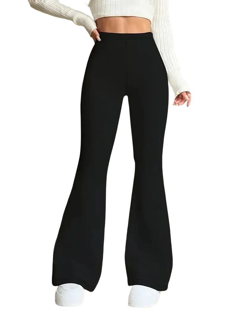 Black high waisted satin flared yoga pants made of smooth stretchy fabric for women