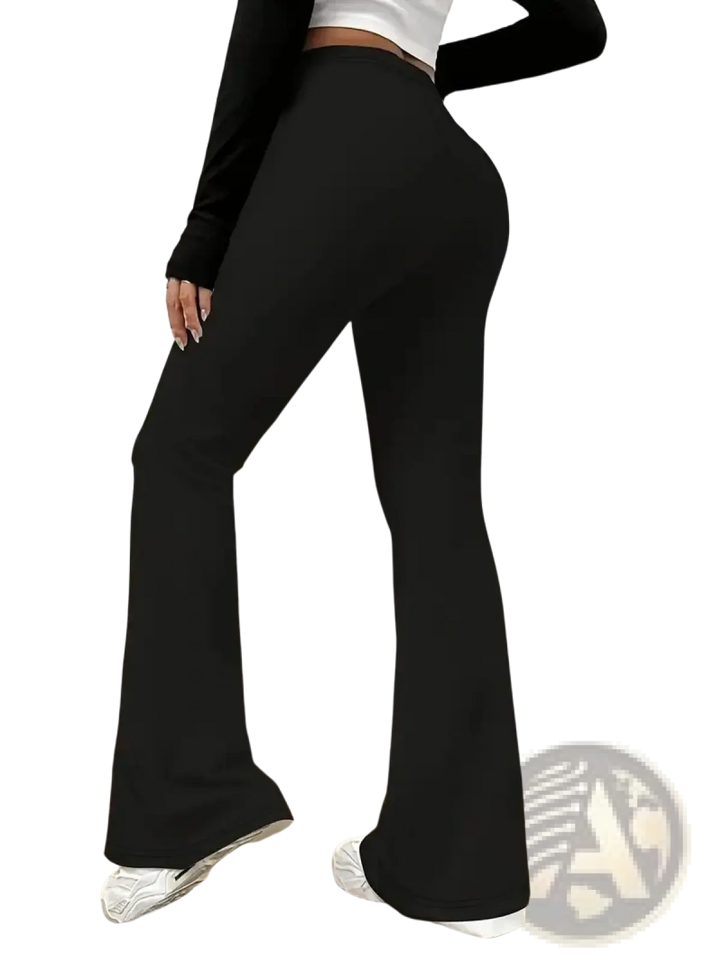 Black high-waisted satin flared yoga leggings with smooth stretchy fabric for women