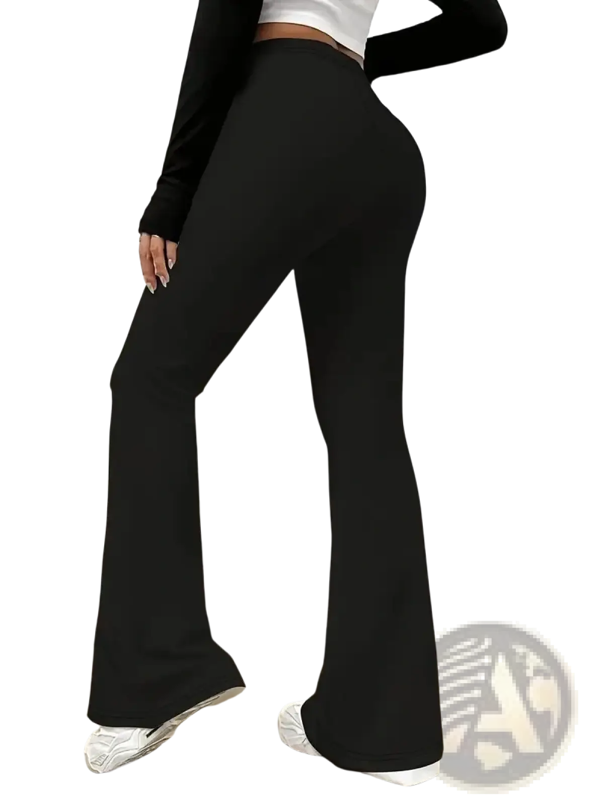 Black high-waisted satin flared yoga leggings with smooth stretchy fabric for women