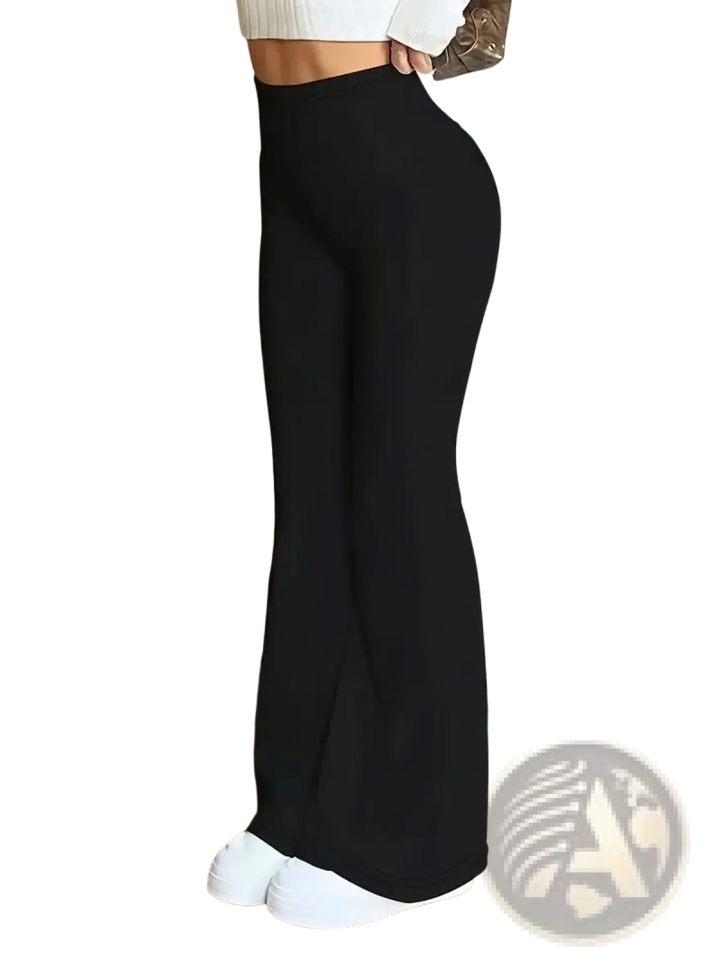 Black high-waisted flared yoga pants made of smooth stretchy satin fabric for women designed for comfort and style
