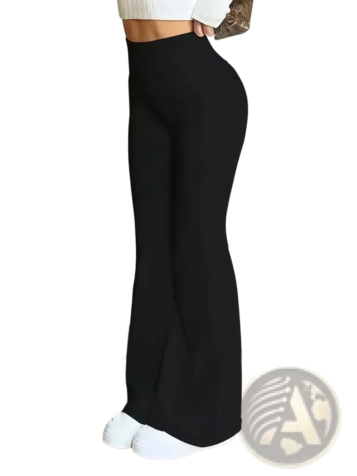Black high-waisted flared yoga pants made of smooth stretchy satin fabric for women designed for comfort and style