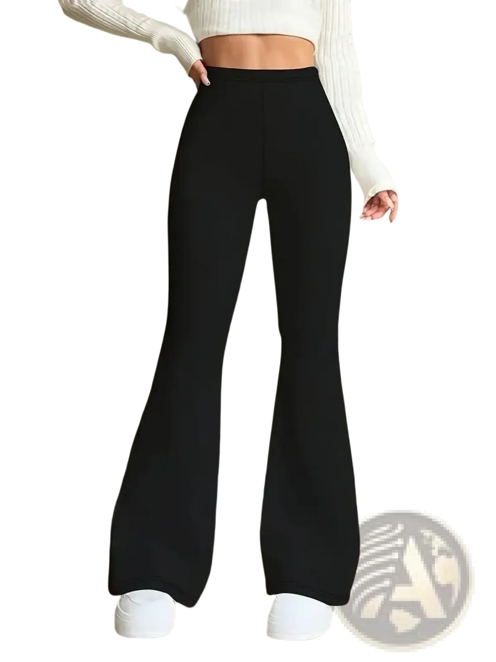 Black high waisted satin flared yoga pants made of smooth stretchy fabric for women