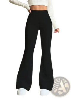 Black high waisted satin flared yoga pants made of smooth stretchy fabric for women