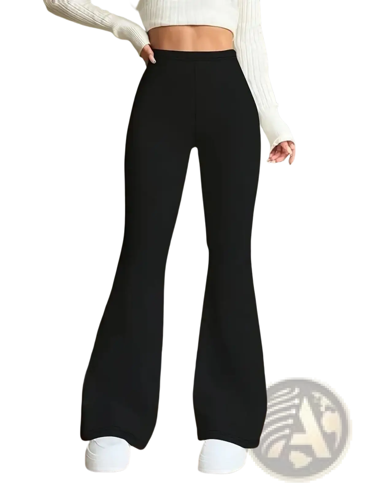 Black high waisted satin flared yoga pants made of smooth stretchy fabric for women