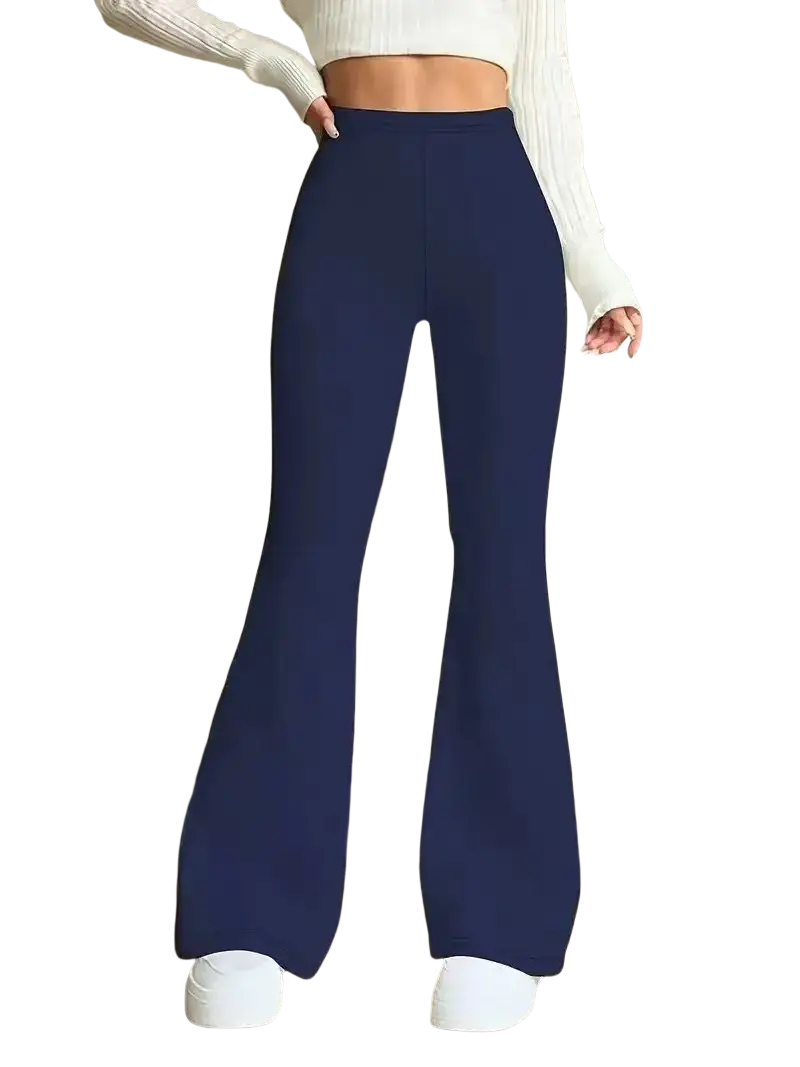Navy blue satin high waisted flared yoga pants for women showcasing back side design and fit
