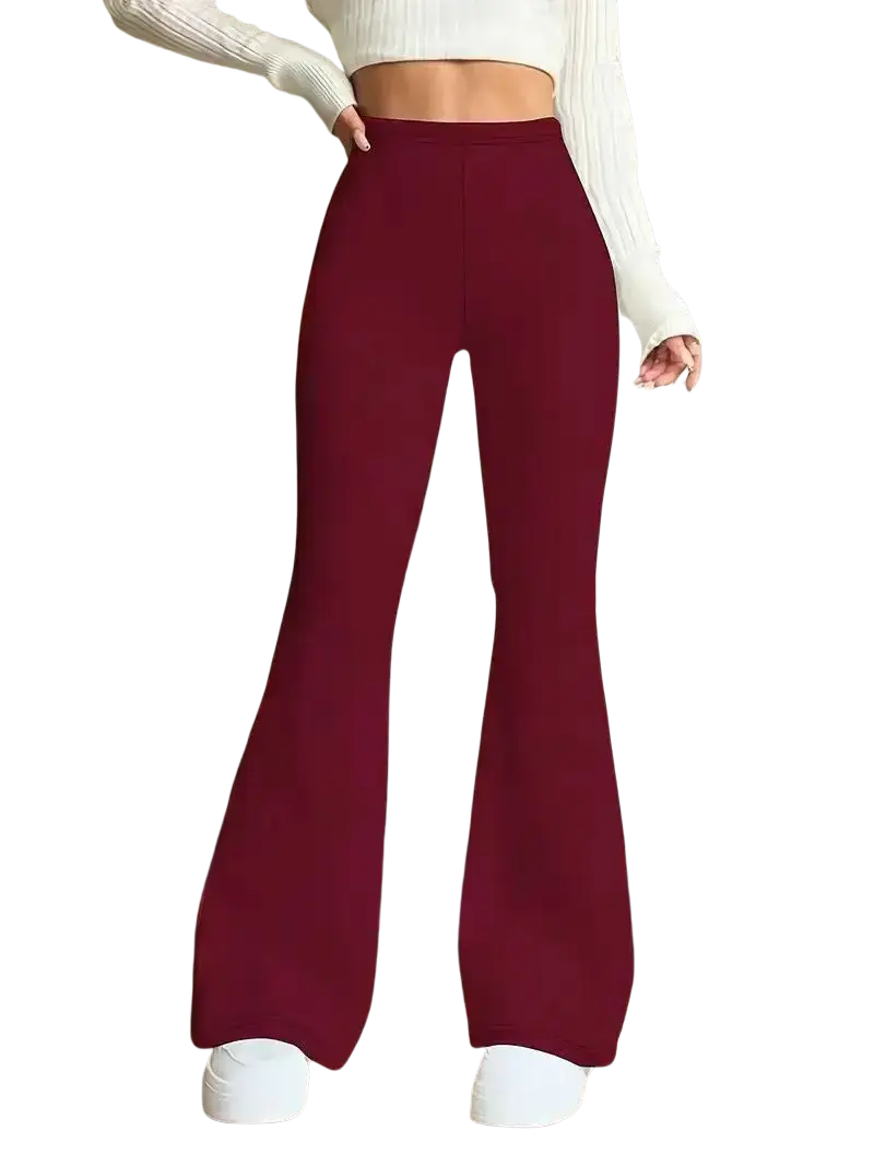 A pair of high-waisted burgundy satin flared yoga pants made of smooth stretchy fabric for women