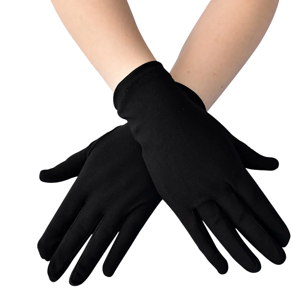 Black full-fingered gloves with smooth matte finish and elasticated cuffs for elegant women satin opera wear