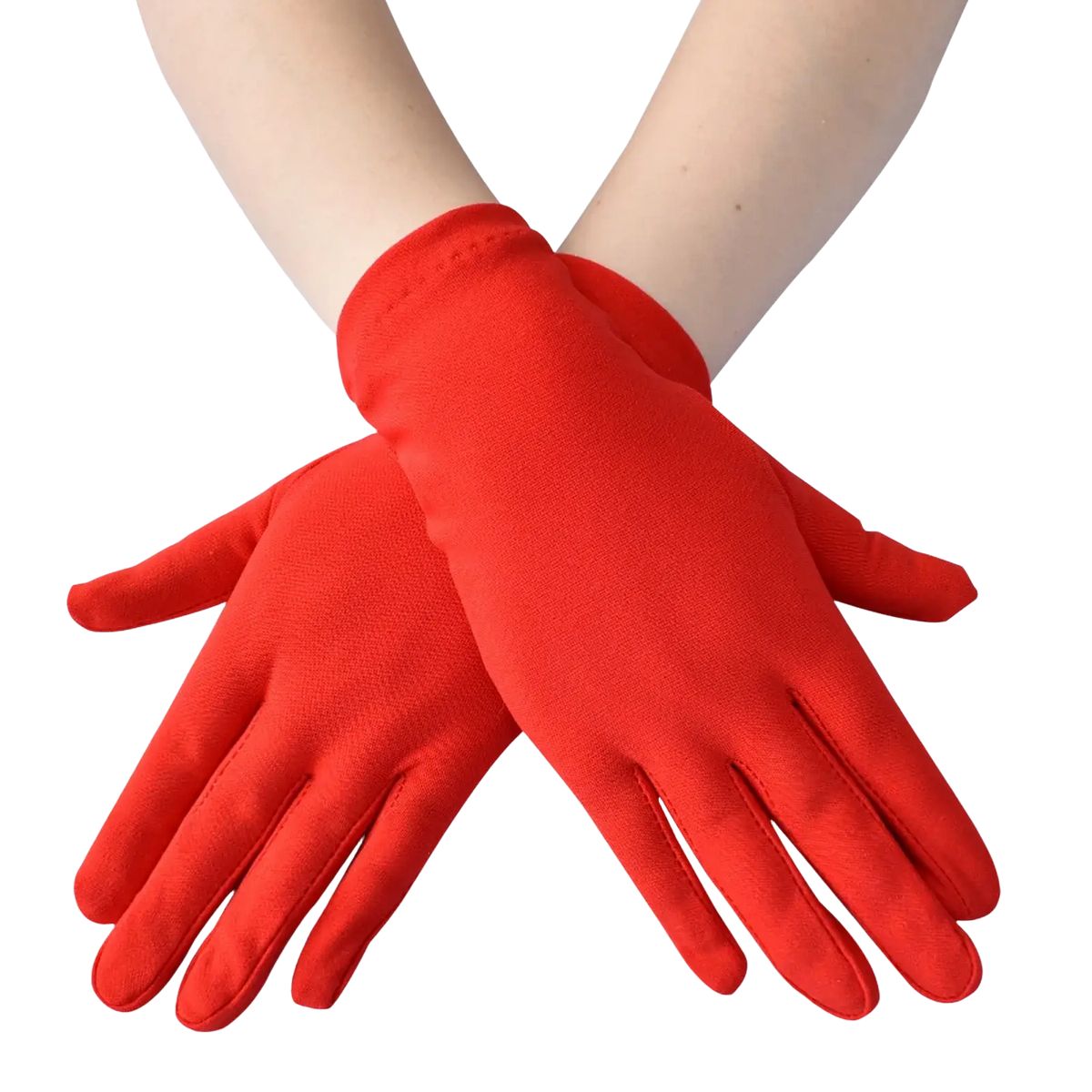 Women satin gloves long elbow opera mittens in vibrant red made of smooth fabric with bright red long sleeves