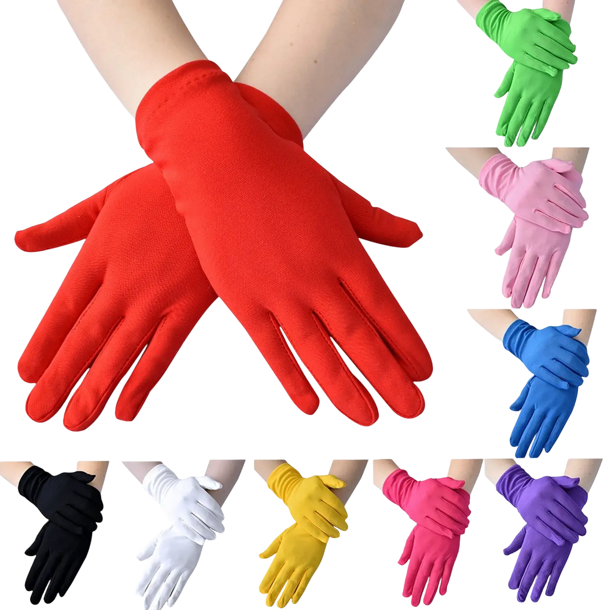 Bright red long elbow satin gloves with smooth fabric designed as elegant opera mittens for women