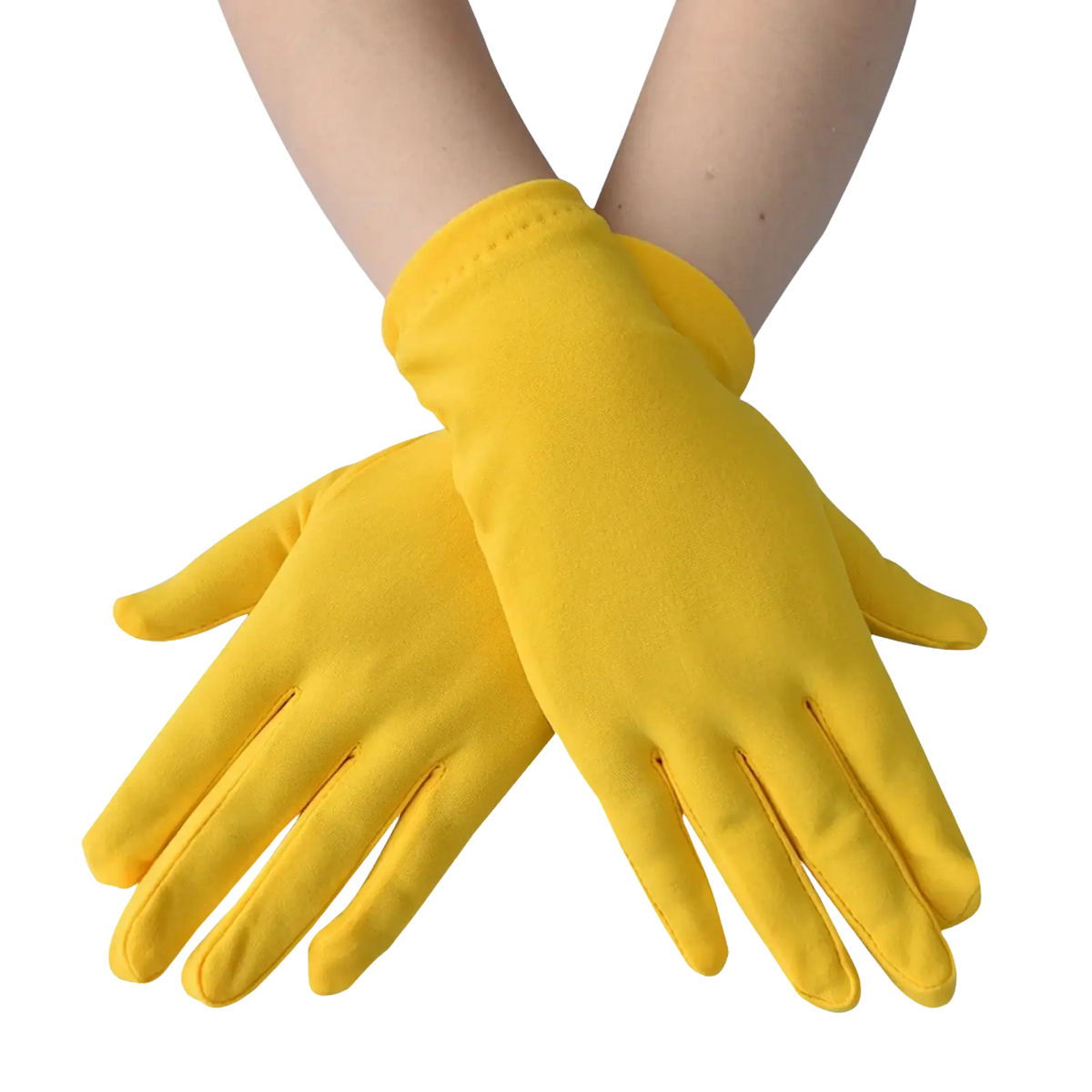 Bright yellow satin gloves with smooth texture and elasticated wristband for elegant women’s evening wear