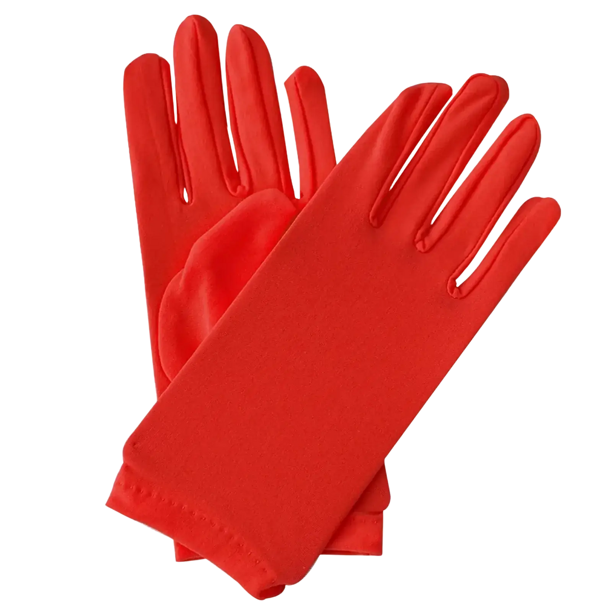 A pair of vibrant red long elbow satin gloves with smooth finish and neatly stitched cuffs as opera mittens