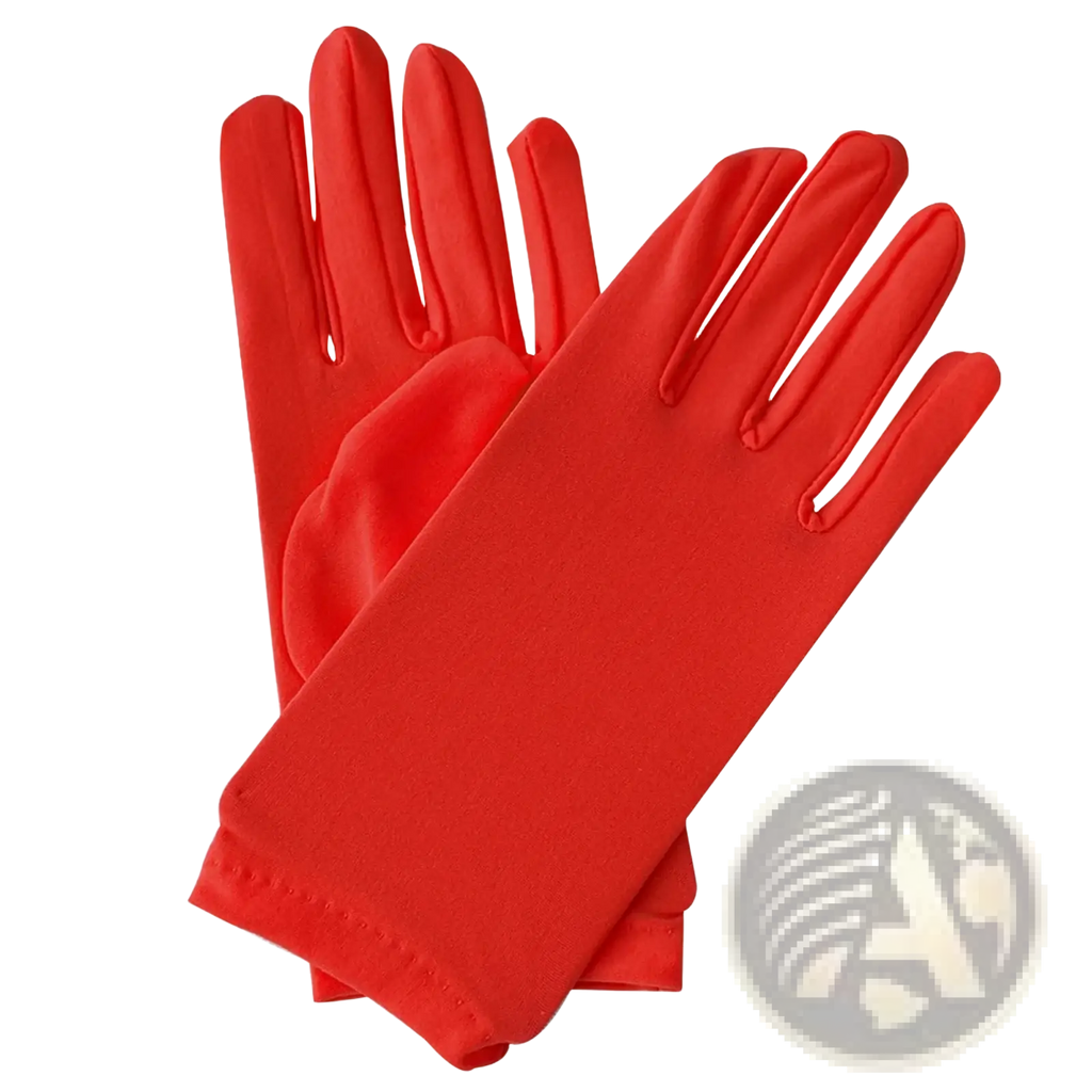 A pair of vibrant red women satin long elbow gloves with smooth finish and neatly stitched cuffs displayed from the back side