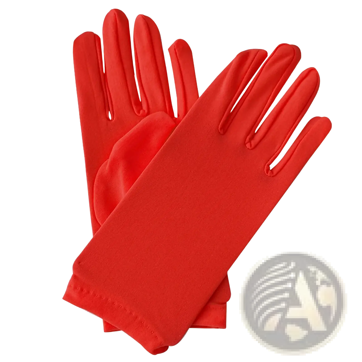 A pair of vibrant red women satin long elbow gloves with smooth finish and neatly stitched cuffs displayed from the back side