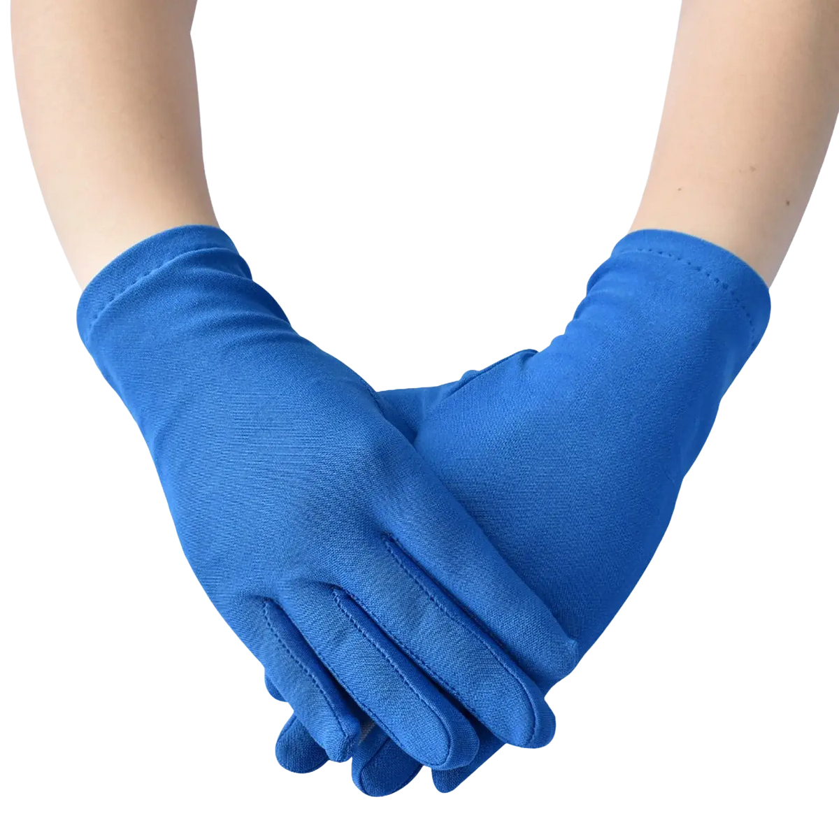 A pair of vibrant royal blue long satin gloves made from smooth stretchy fabric for elegant opera wear