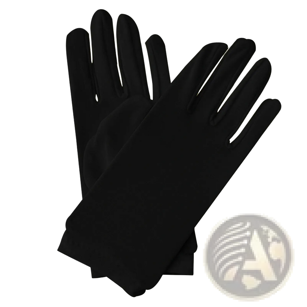 A pair of sleek black satin gloves with a smooth finish and neatly folded cuffs for elegant womenswear