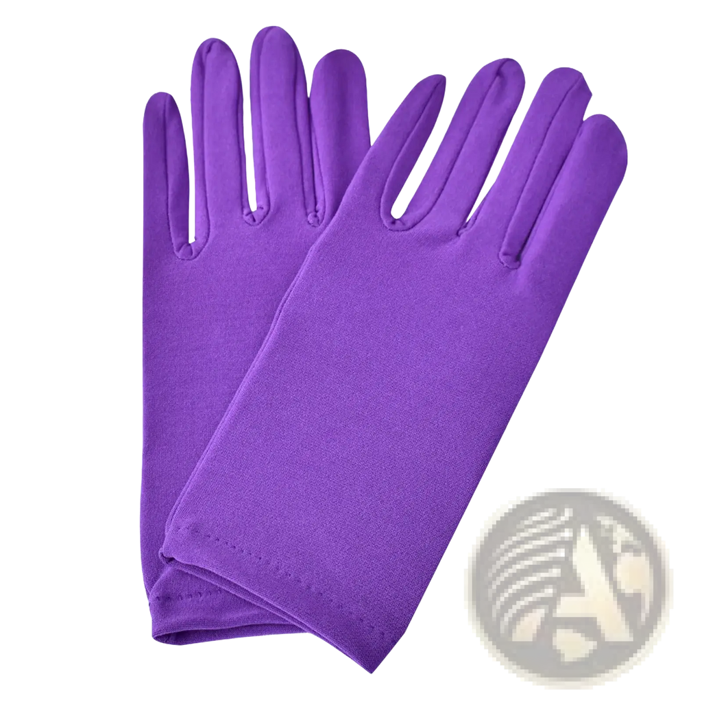 A pair of solid purple long-fingered women satin gloves made from smooth stretchy fabric with neatly stitched seams