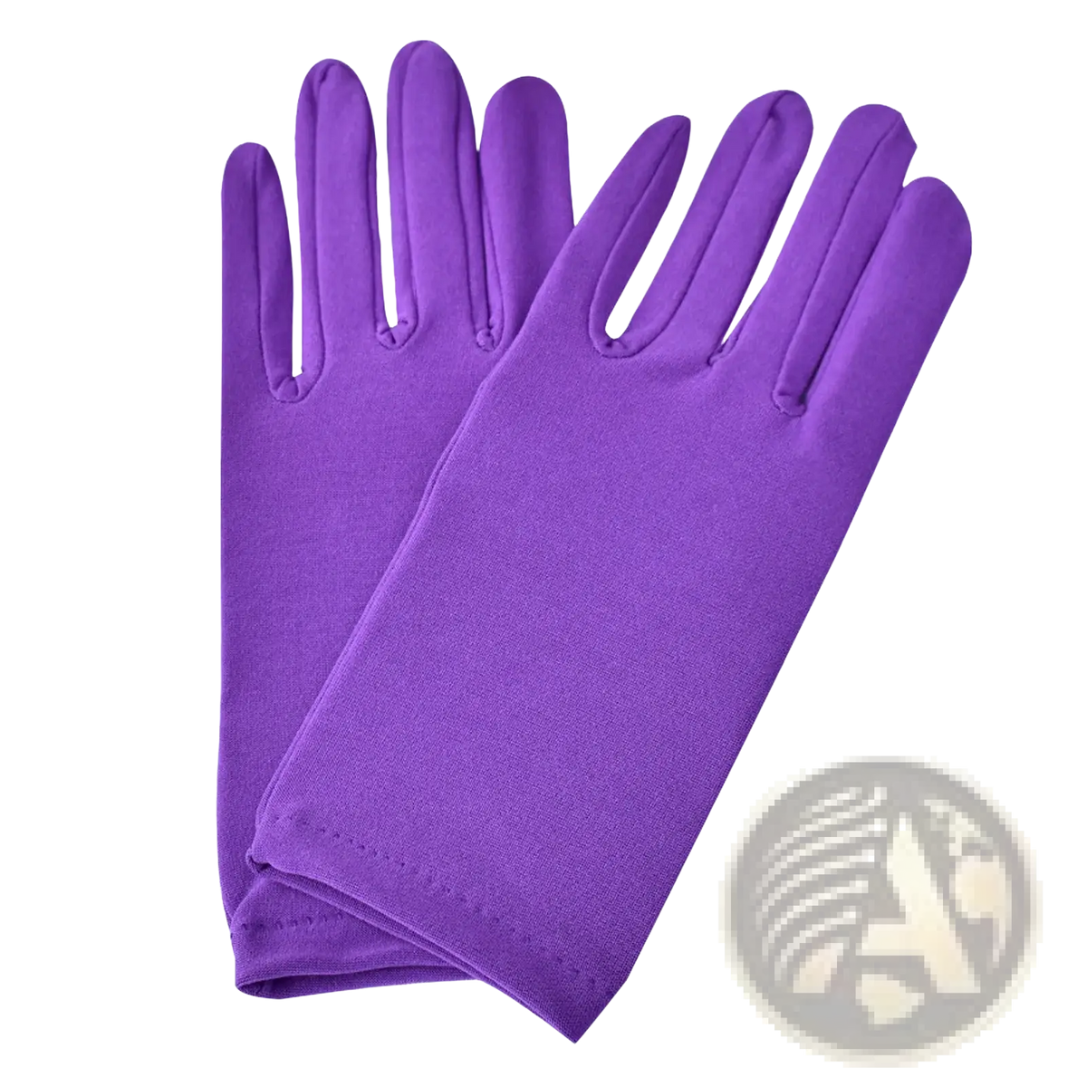 A pair of solid purple long-fingered women satin gloves made from smooth stretchy fabric with neatly stitched seams