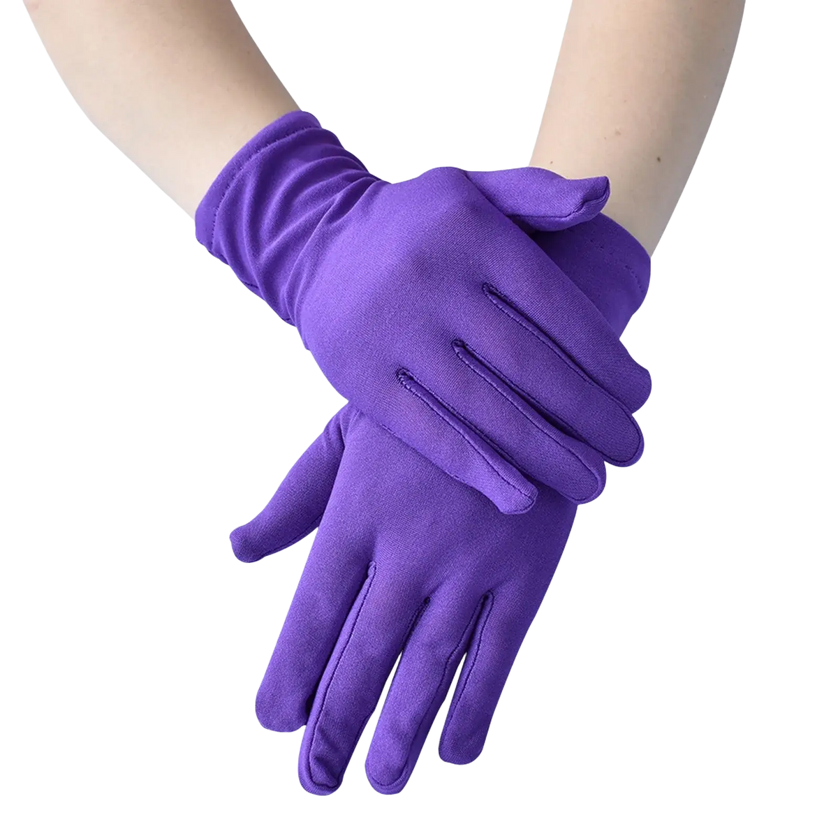 Purple long-fingered satin gloves made of soft smooth fabric with neatly stitched seams for elegant women use