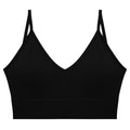 Black seamless ribbed tube top bra with deep v neckline and thin adjustable spaghetti straps