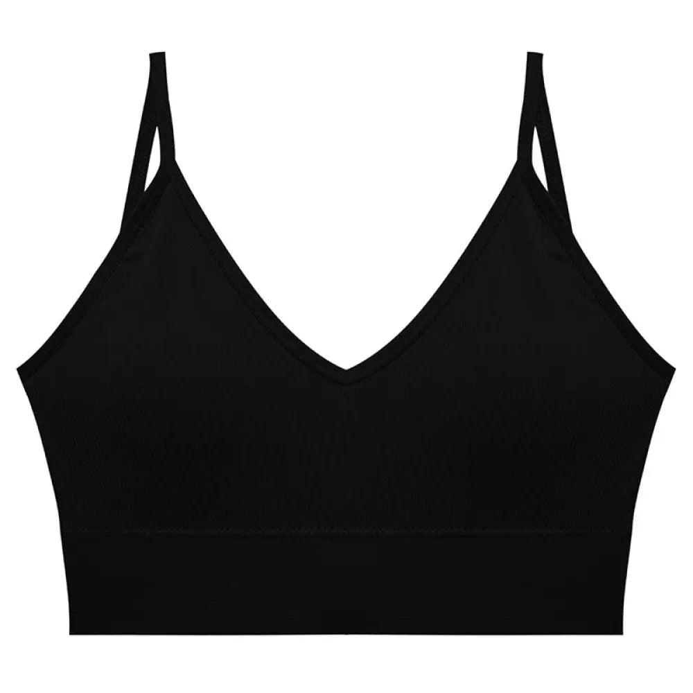 Black seamless ribbed tube top bra with deep v neckline and thin adjustable spaghetti straps