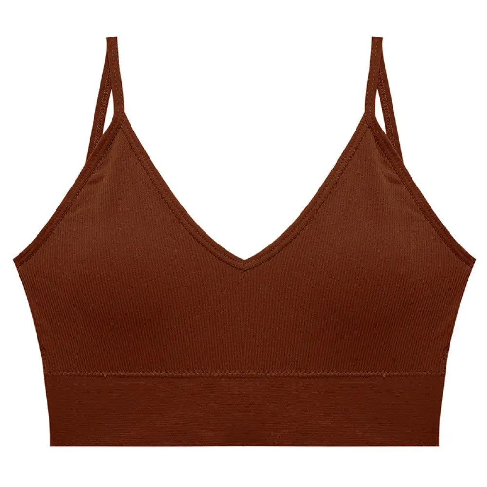Brown seamless v neck ribbed tube top bra made of ribbed fabric with thin adjustable straps for sportswear