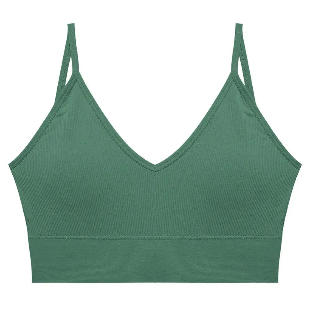 A sleek sage green seamless v neck ribbed tube top bra with thin adjustable straps made from ribbed fabric