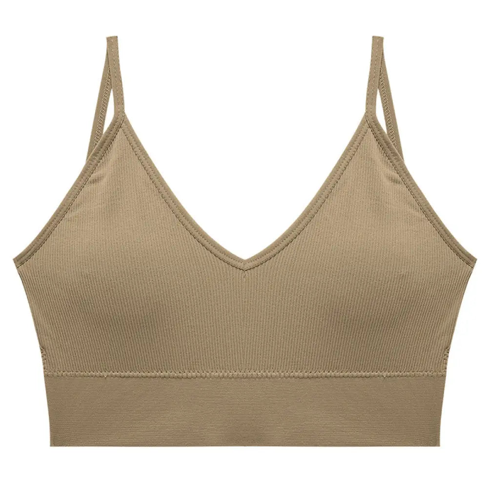 Beige seamless v neck ribbed tube top bra with adjustable straps and ribbed knit strapless construction