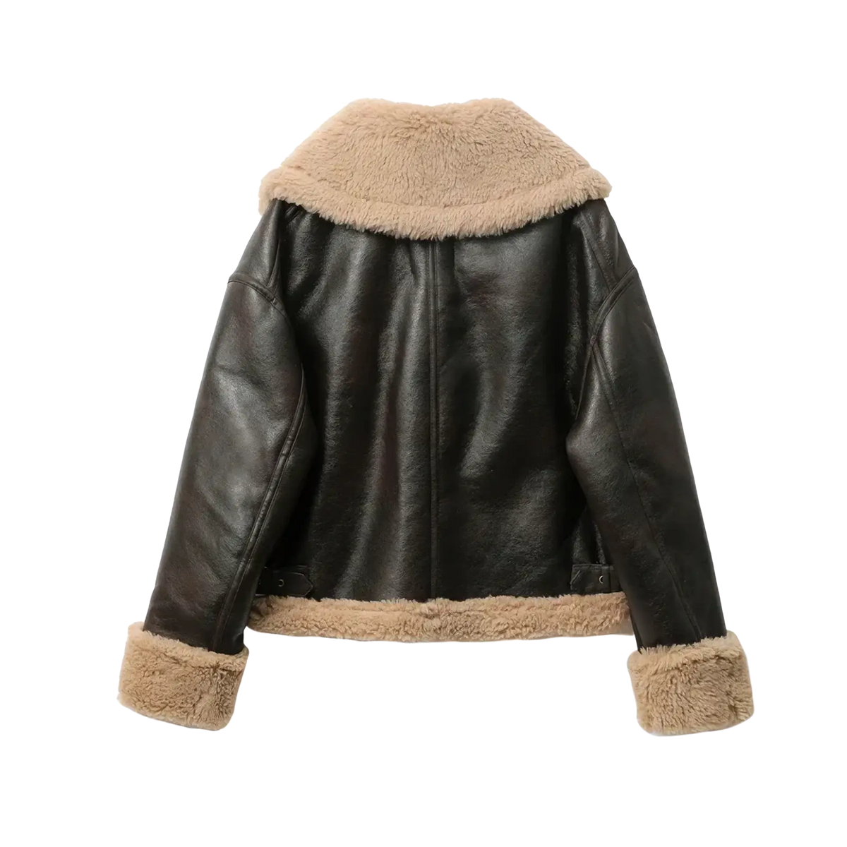Women shearling bomber jacket in black leather with tan fur lining on collar and cuffs brown fleece coat