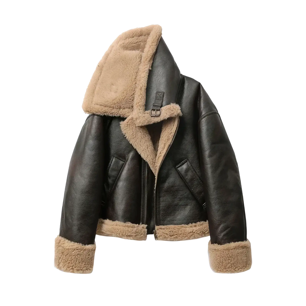 Women shearling bomber jacket in black leather with tan shearling lining and cuffs brown fleece coat