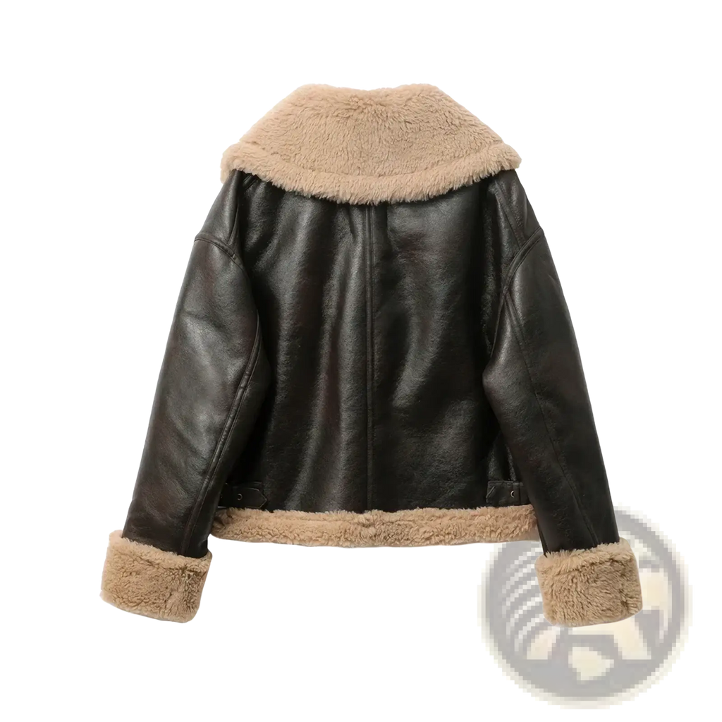 Women shearling bomber jacket in black leather with tan fur lining on collar and cuffs brown fleece coat