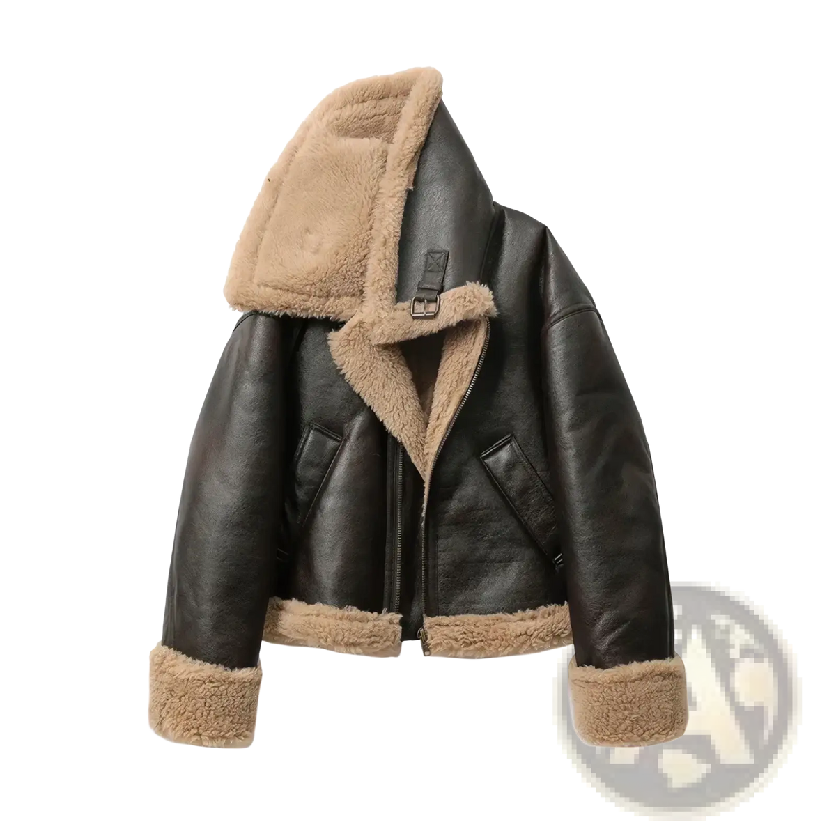 Women shearling bomber jacket black with tan fleece lining and cuffs made of warm shearling material