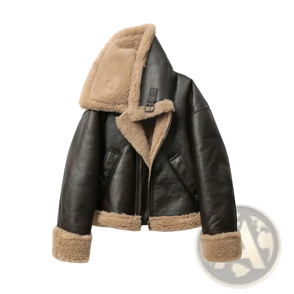 Women shearling bomber jacket in black leather with tan shearling lining and cuffs brown fleece coat