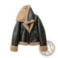 Women shearling bomber jacket in black leather with tan shearling lining and cuffs brown fleece coat