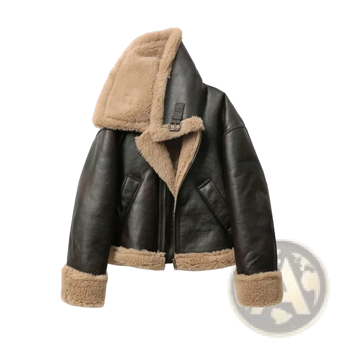 Women shearling bomber jacket in black leather with tan shearling lining and cuffs brown fleece coat