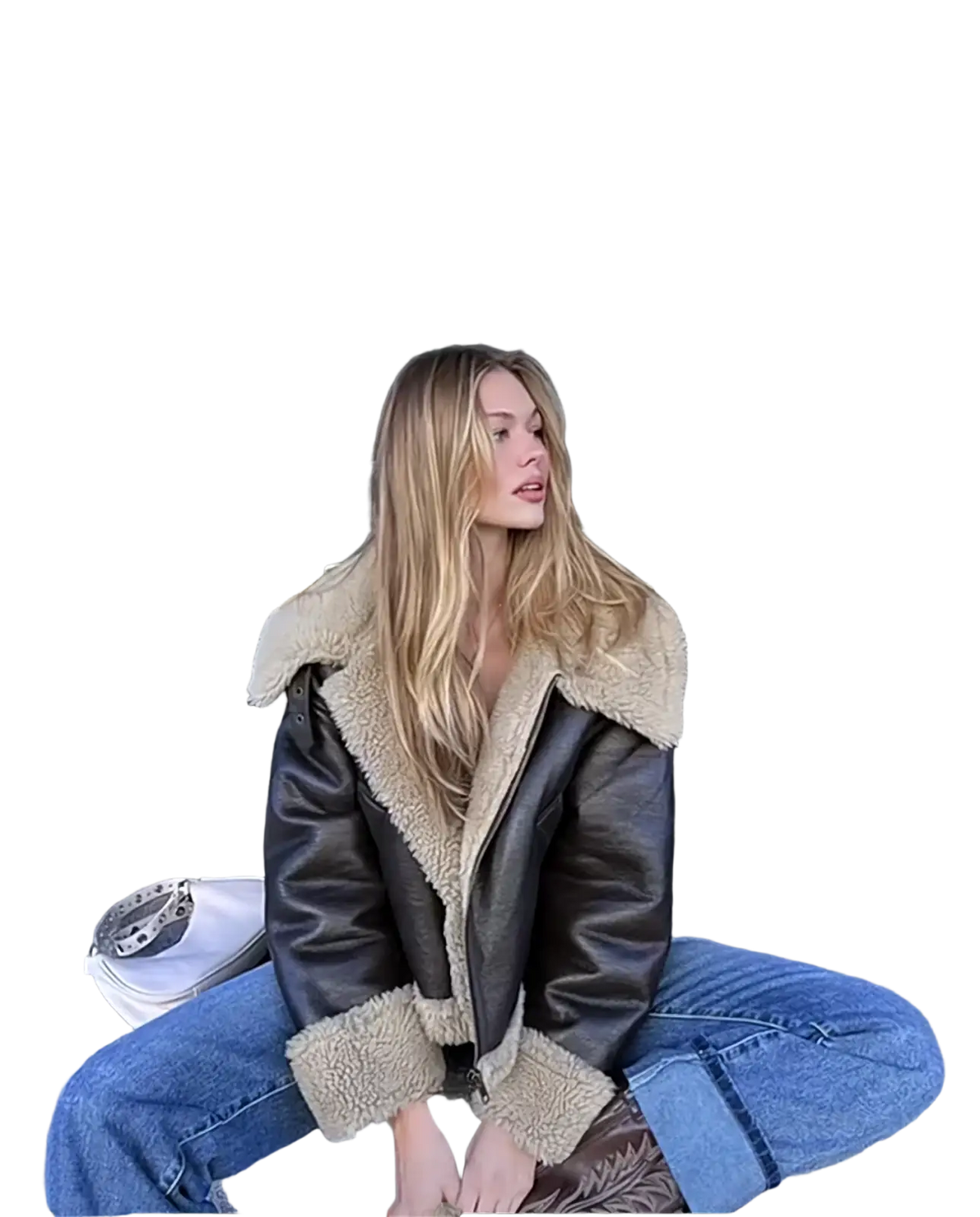 Women shearling bomber jacket in brown leather with tan fleece lining and cuffs for warmth and style