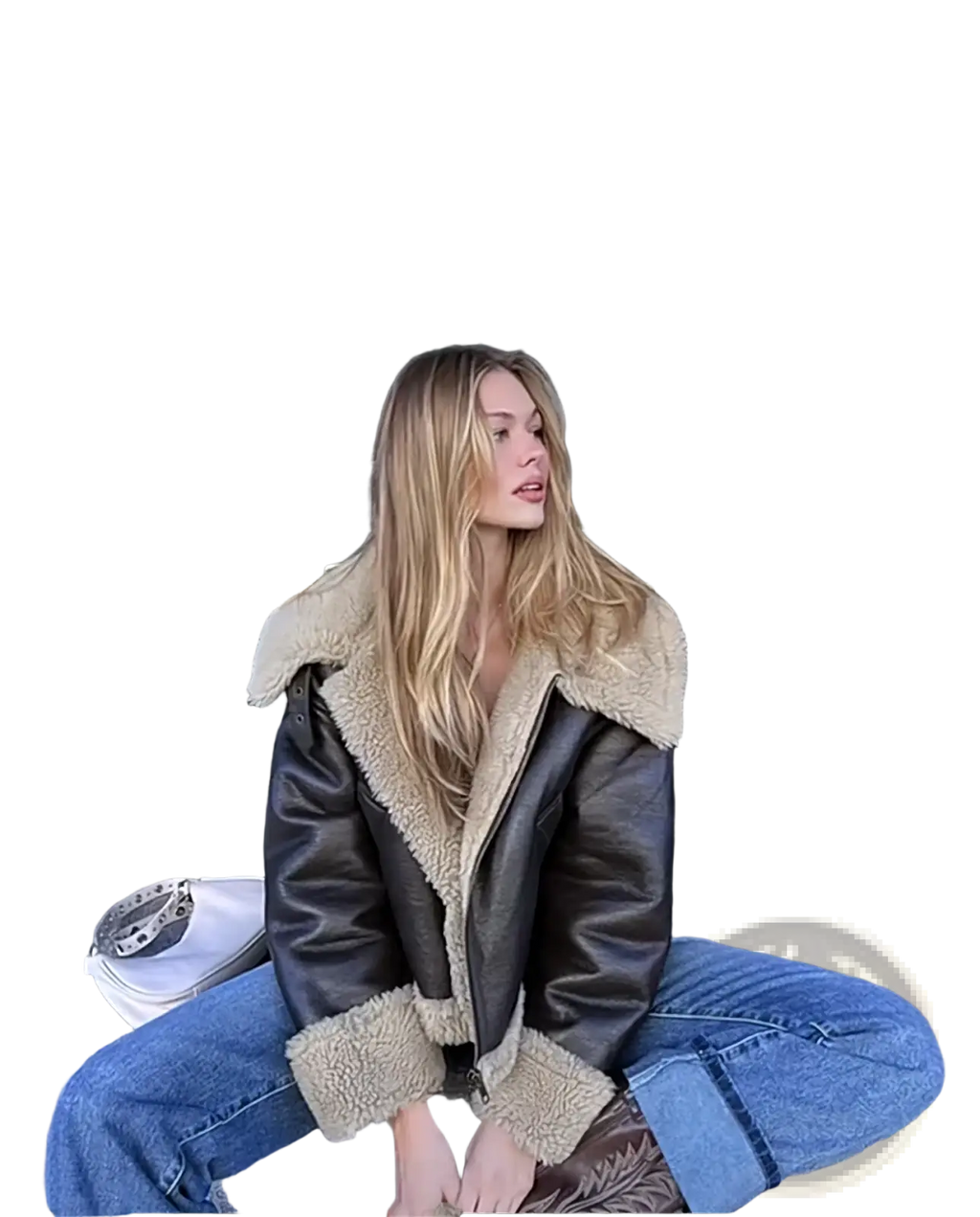 Women shearling bomber jacket in brown leather with tan fleece lining and cuffs for warmth and style