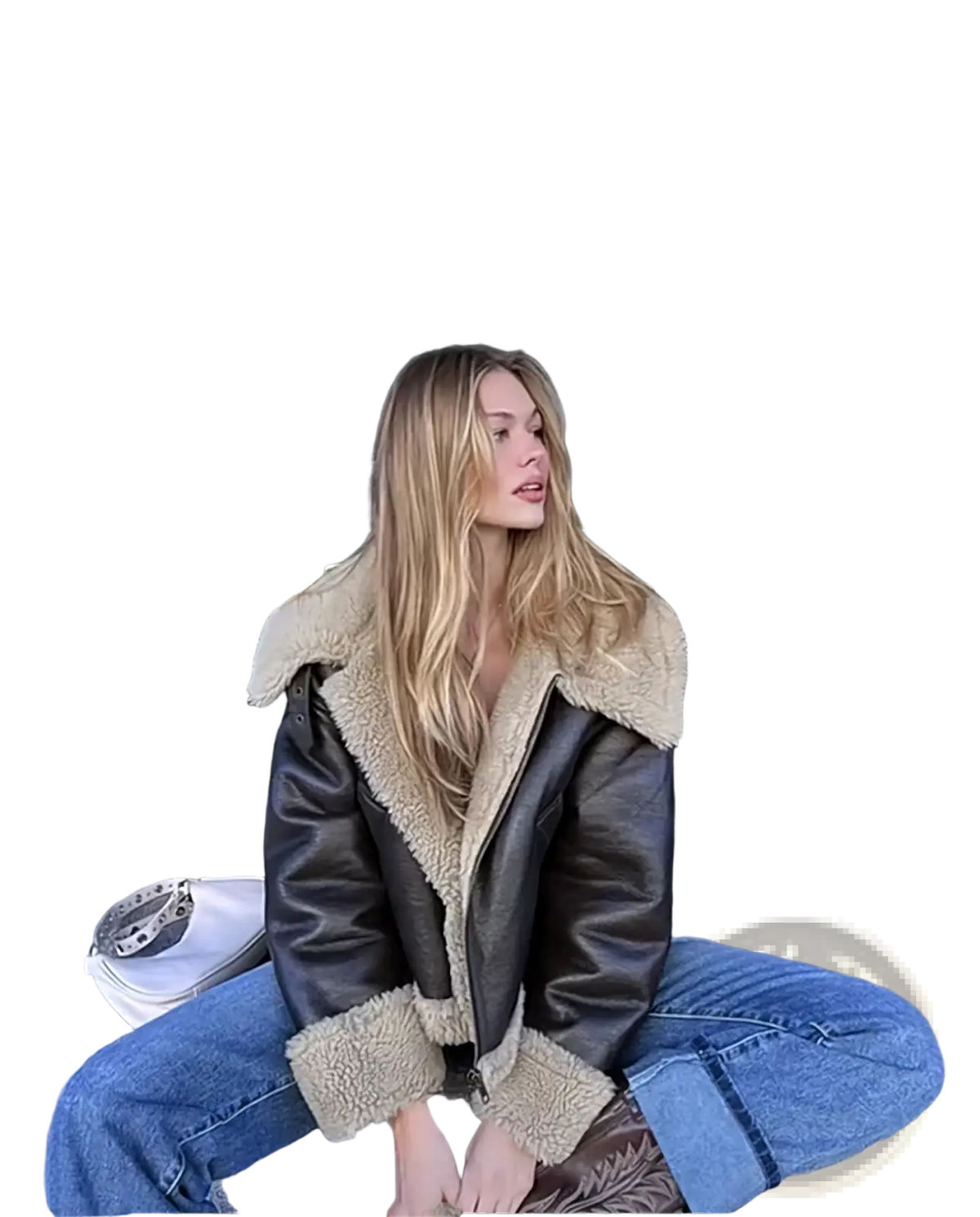 Women shearling bomber jacket in brown leather with tan fleece lining and cuffs for warmth and style