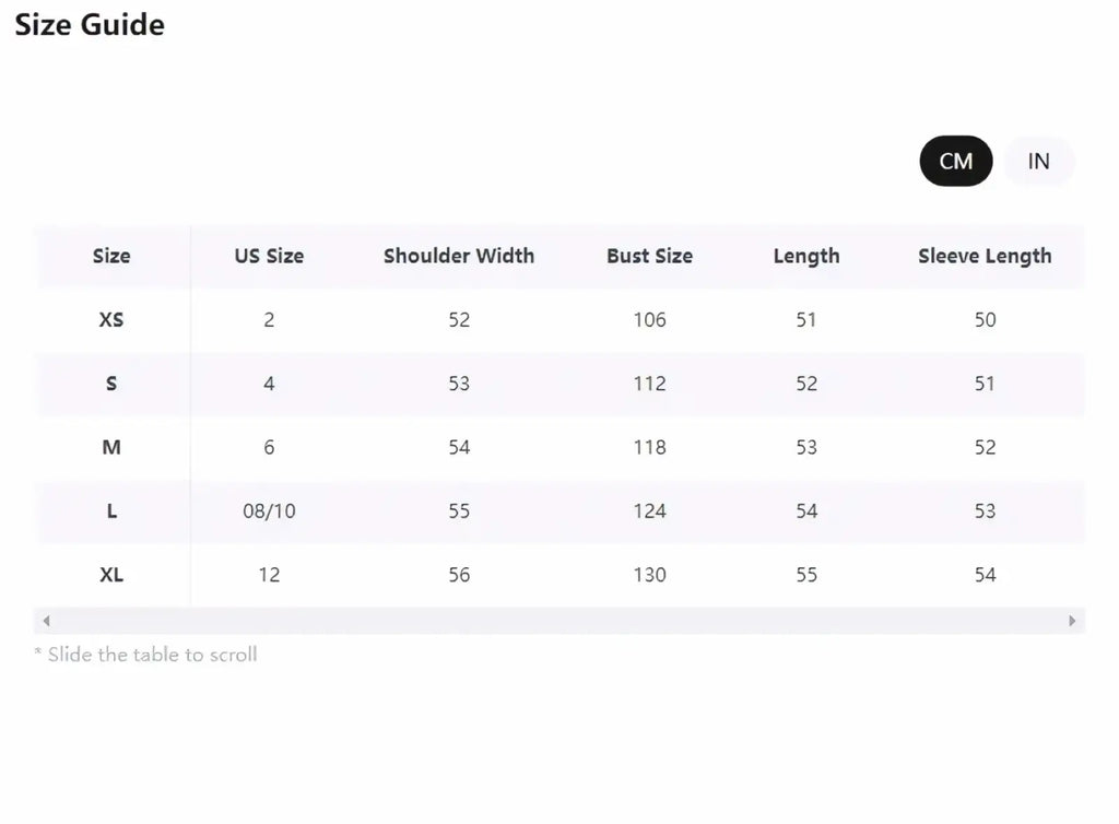 Size guide table showing measurements in centimeters and inches for women shearling bomber jacket brown fleece coat sizes xs to xl