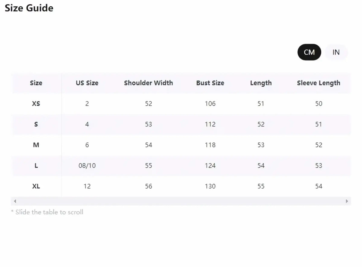 Size guide table showing measurements in centimeters and inches for women shearling bomber jacket brown fleece coat sizes xs to xl