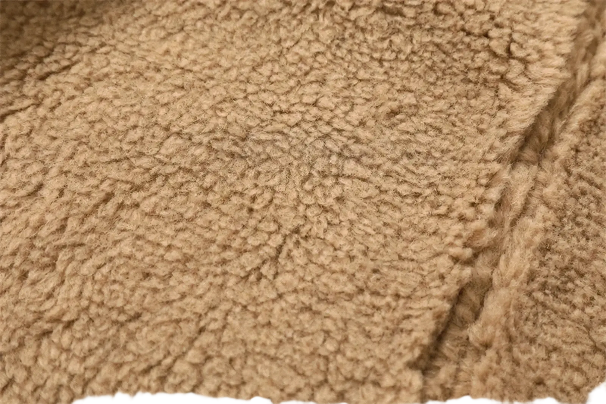 Tan women shearling bomber jacket brown fleece coat with plush fleece fabric and visible stitching along the seam
