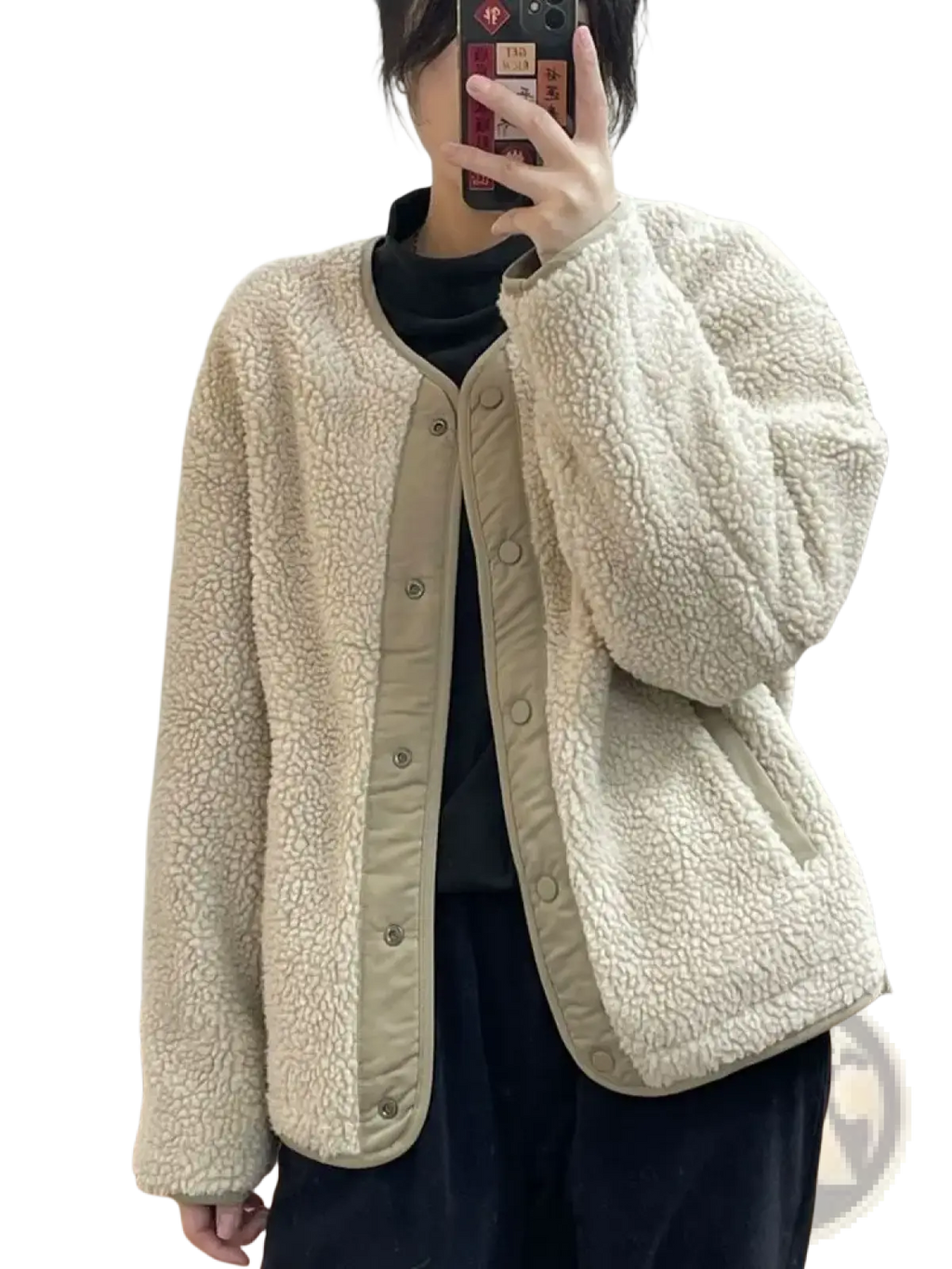 Women shearling bomber jacket in cream color with beige trim and button closures made of soft shearling material