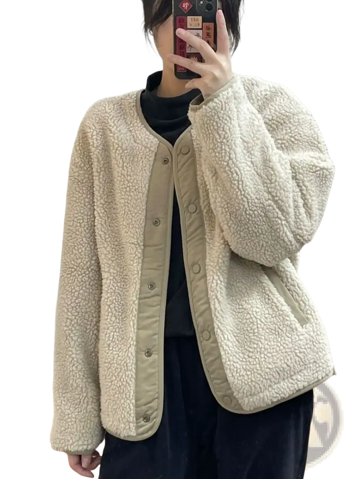 Women shearling bomber jacket in cream color with beige trim and button closures made of soft shearling material